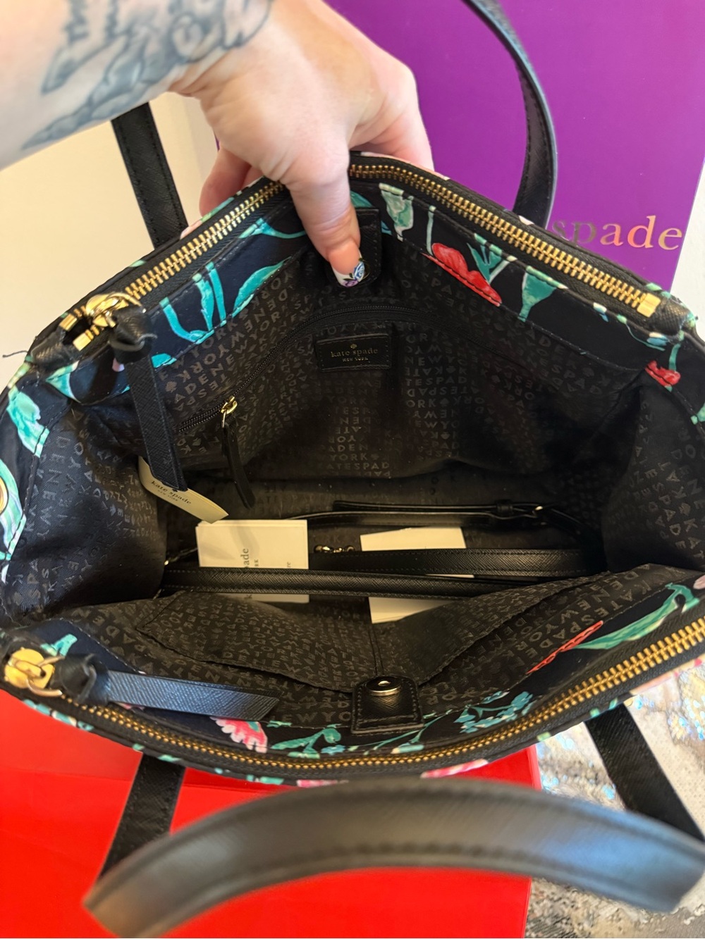 kate spade Black Floral & Teal Bird Tote - Picture 7 of 12